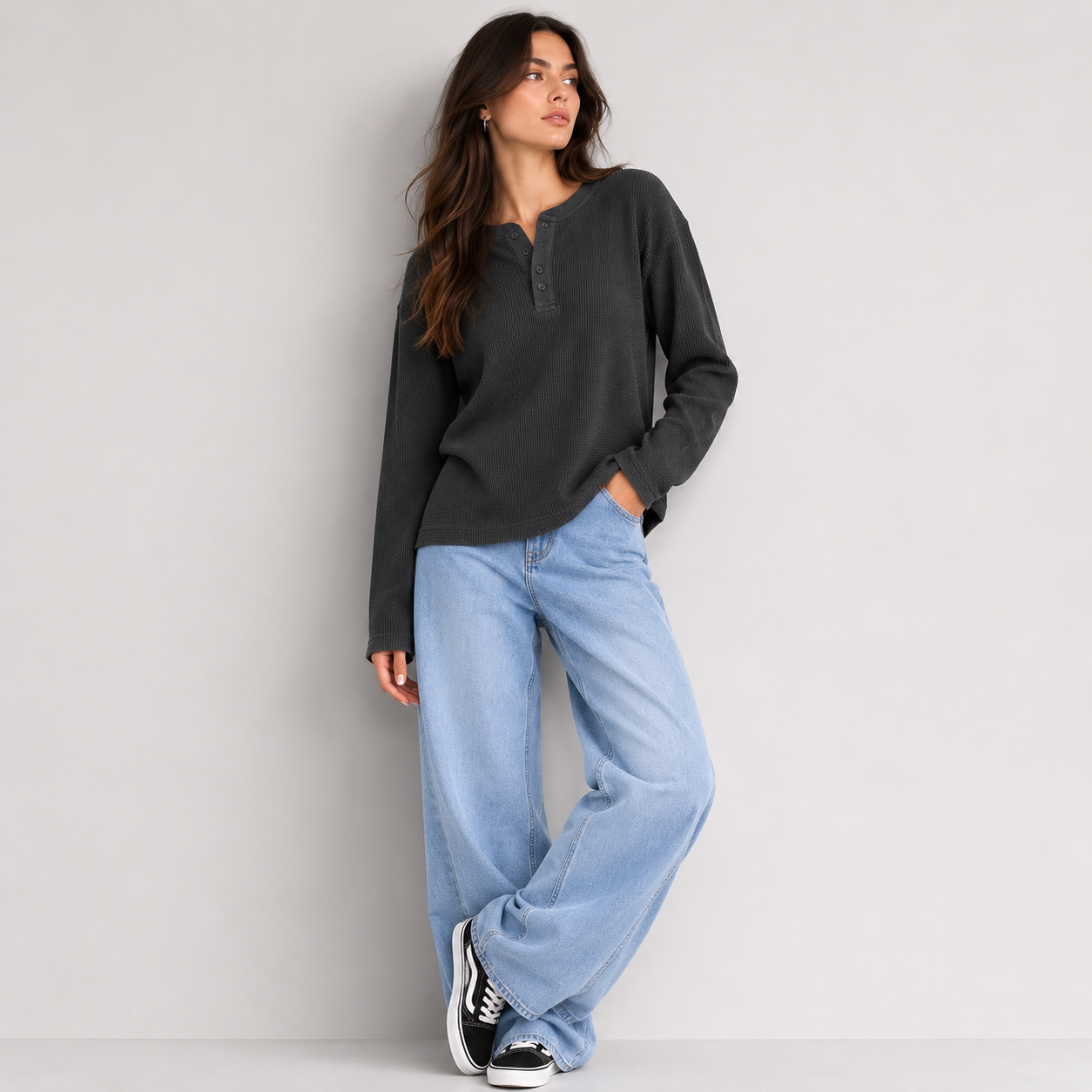 Women's Classic Waffle Henley - Steel Grey