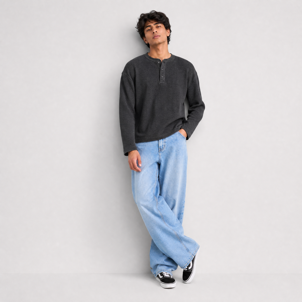Classic Steel Grey Waffle Henley