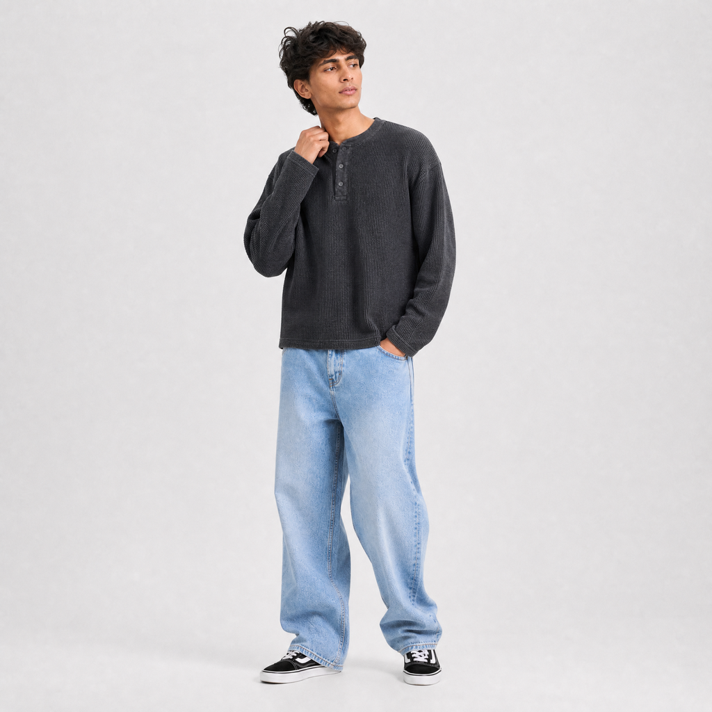 Classic Steel Grey Waffle Henley