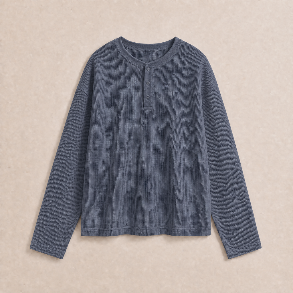 Classic Steel Blue Waffle Henley