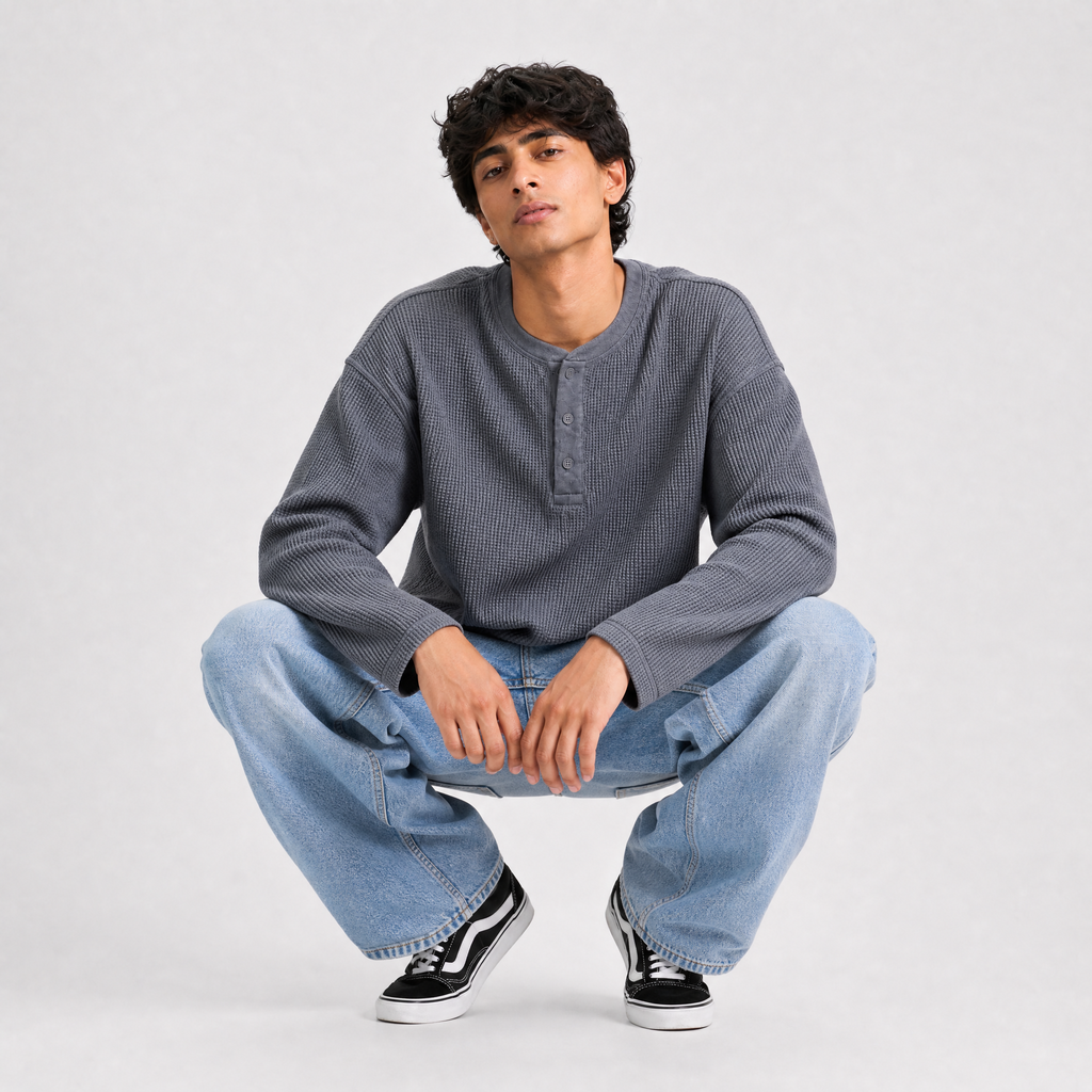 Classic Steel Blue Waffle Henley