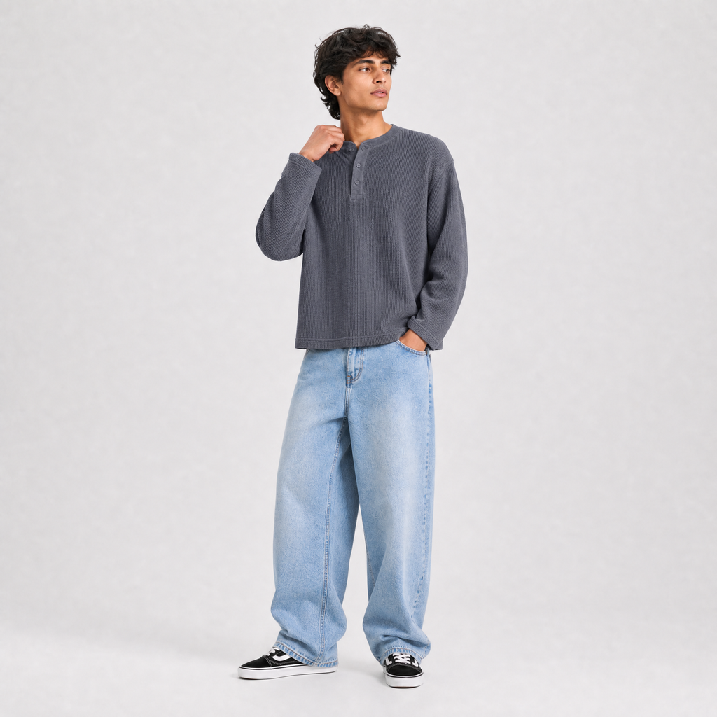 Classic Steel Blue Waffle Henley